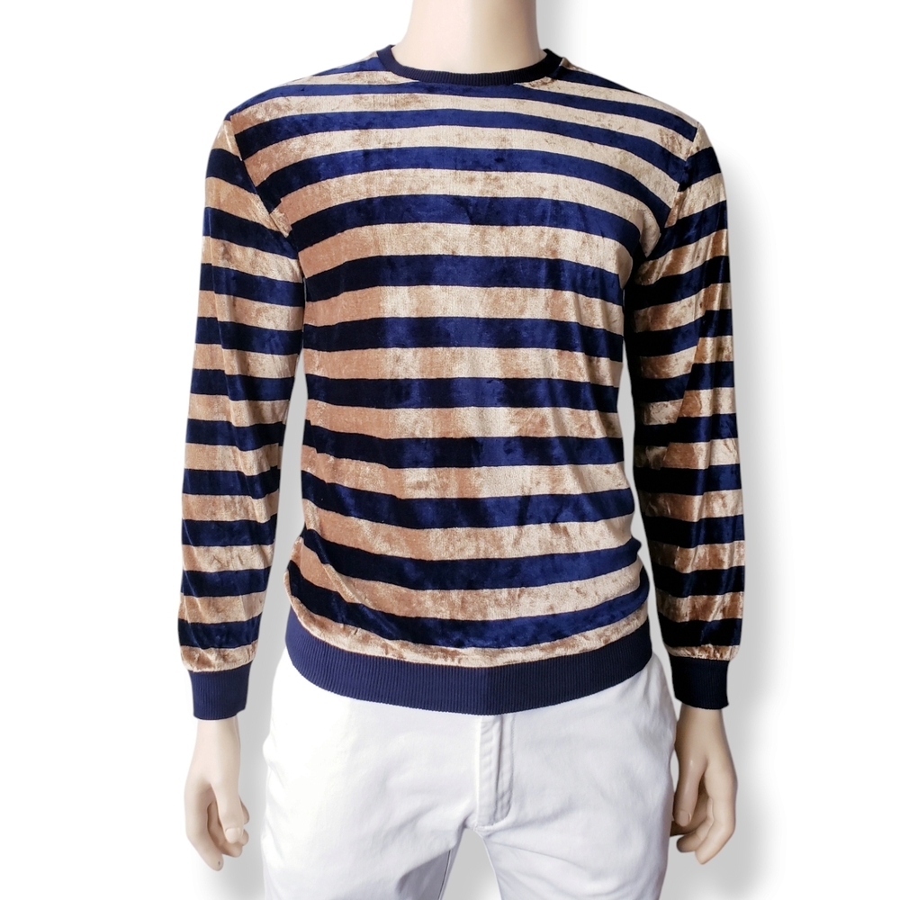 Zara Velvet Blue & Beige Striped Sweater Size Medium